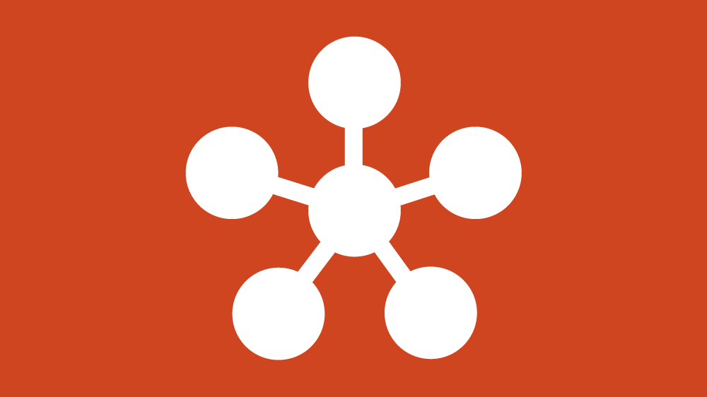 A white icon of a five-sided ball and stick model on an orange background