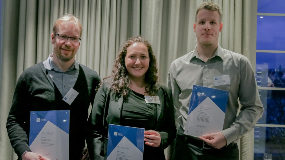 The three winners of the 2017 3Rs prize. Winner, Dr Elisa Passini in the middle. To each side of her is a highly commended winner: Dr Christian Tiede and Dr Michael Walker