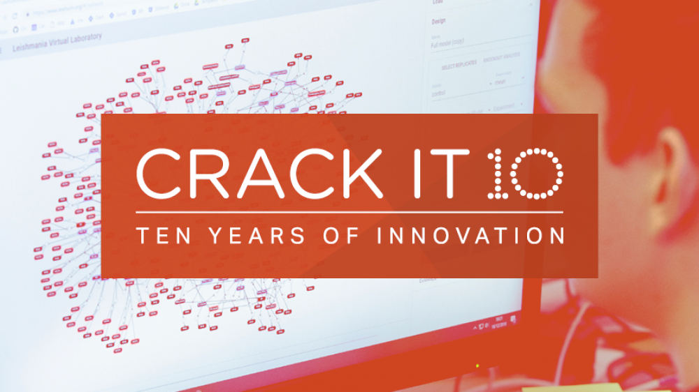The CRACK IT 10 logo superimposed over a close-up photo of someone looking at a computer screen displaying the Virtual Disease Laboratories tool
