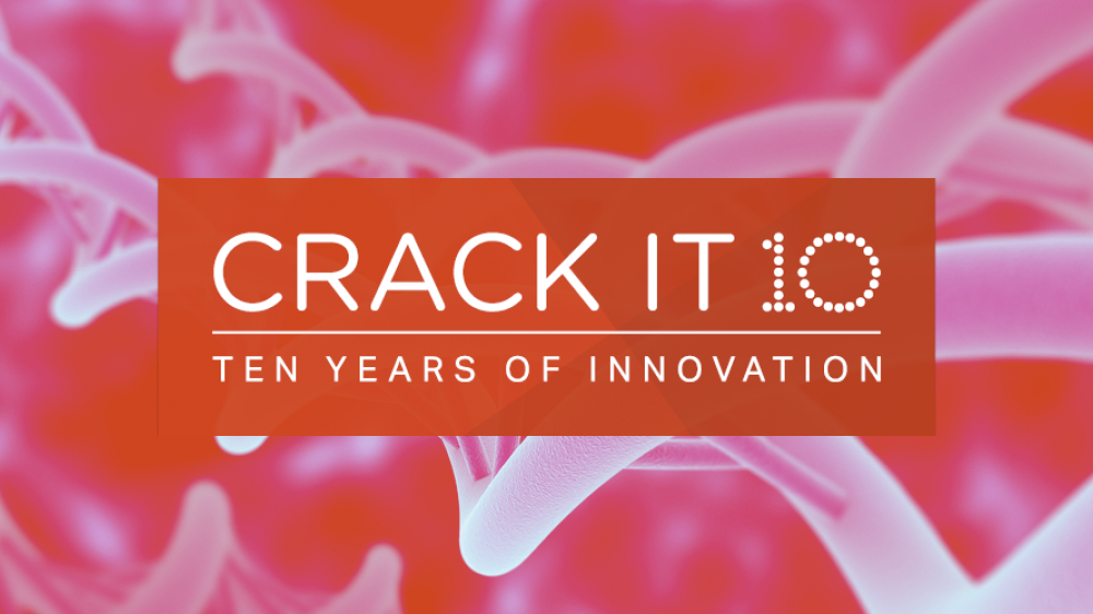 The CRACK IT 10 logo superimposed over an illustration of DNA double helices.