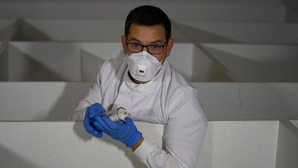 Animal technician John Waters stands in an experimental maze, wearing PPE and holding a mouse in a clear plastic tube.