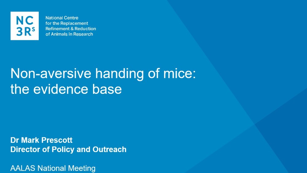 Webinar title slide: Non-aversive handling of mice, the evidence base