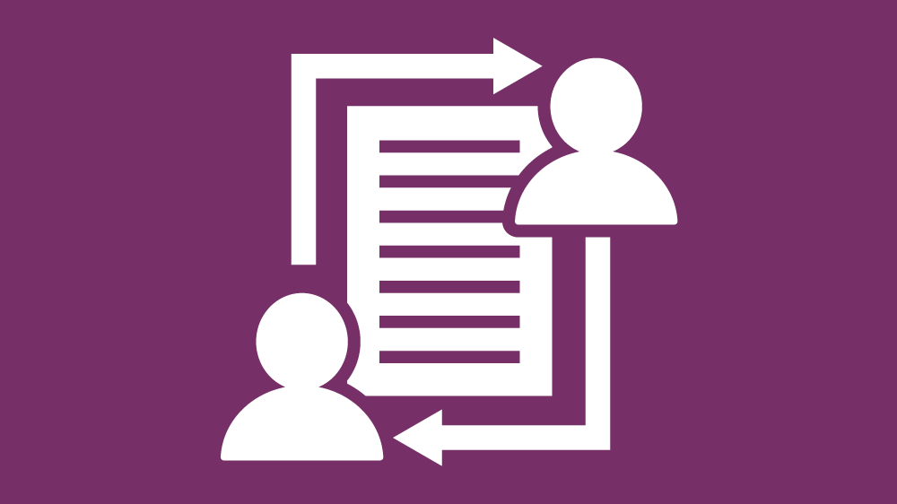 Icon representing peer review: two people connected by arrows going round a paper