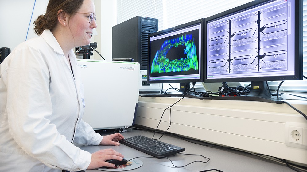 Scientist looks at experiment on computer screens