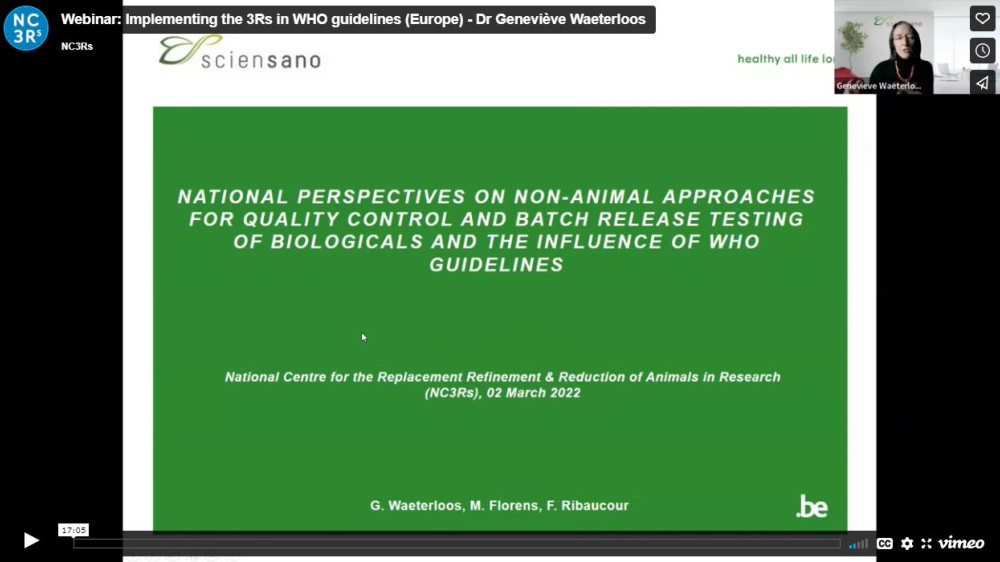 Webinar title slide: National perspectives on non-animal approaches for quality control and batch release testing of biologicals and the influence of WHO guidelines