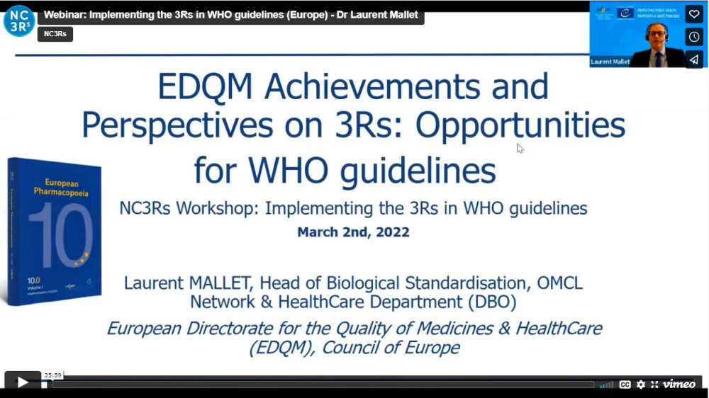 Webinar title slide: EDQM achievements and perspectives on 3Rs: Opportunities for WHO guidelines