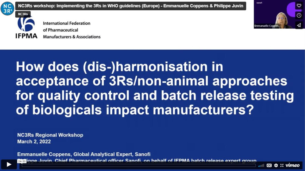 Webinar title slide: How does (dis-)harmonisation in acceptance of 3Rs/non-animal approaches for quality control and batch release testing of biologicals impact manufacturers?