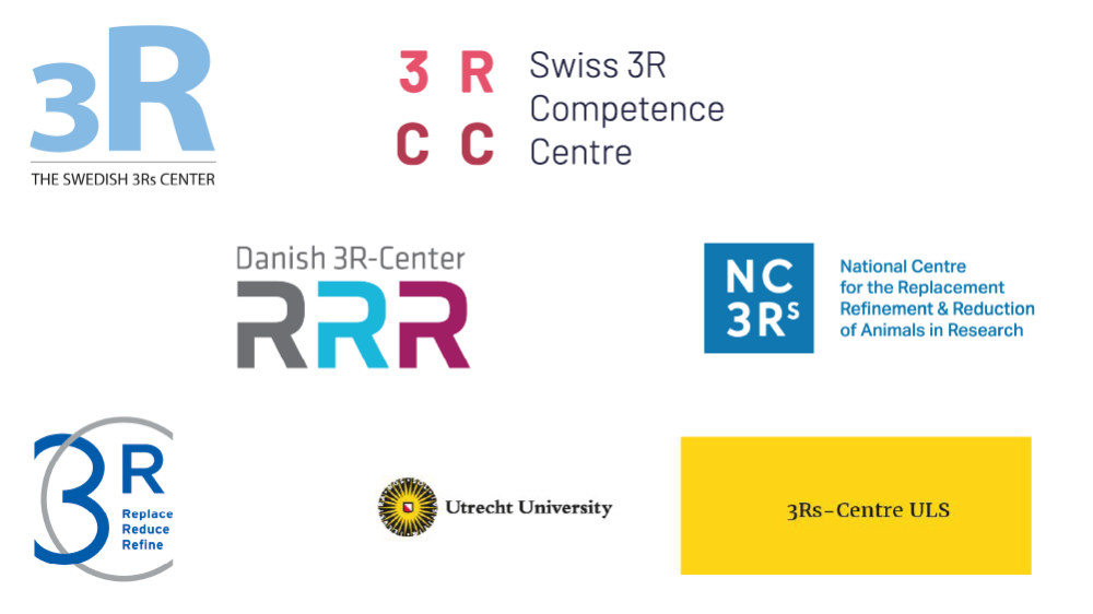 Logos of the 3Rs organisations involved in the European collaboration: The Swiss 3R competence centre, The Danish-3R centre, 3Rs centre utrecht, Charité 3R, The Swedish 3Rs center and the NC3Rs