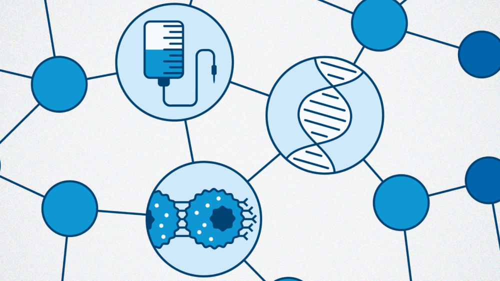 A graphic showing a network of circles, the three in the centre feature icons depicting cancer cells, chemotherapy drugs and DNA