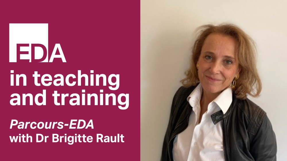 "EDA in teaching and training; Parlour's-EDA with Dr Brigitte Rault" with a photograph of a smiling woman in a white shirt and leather jacket