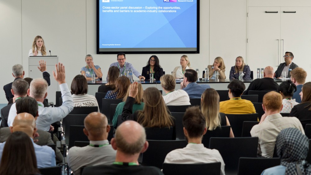 A panel discussion with audience members raising hands to ask questions