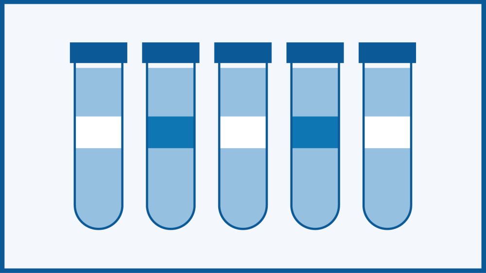 Diagram of six experimental units represented by test tubes with different shaded sections representing different experimental groups.