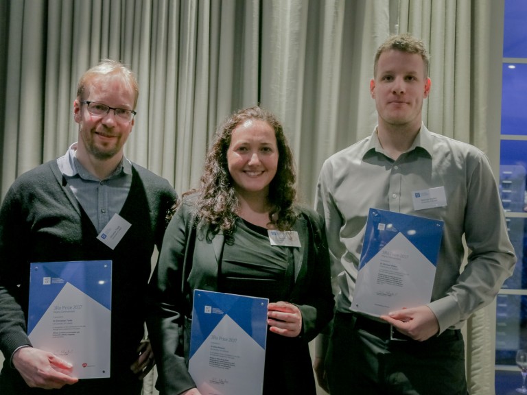 The three winners of the 2017 3Rs prize. Winner, Dr Elisa Passini in the middle. To each side of her is a highly commended winner: Dr Christian Tiede and Dr Michael Walker