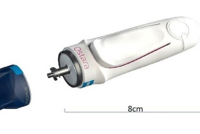 An Ostara Biomedical’s proprietary device. The outer body contains a flexible air bladder which is depressed by the user