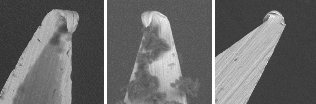 Image, from left to right: hypodermic needle used once (magnified x 1000), hypodermic needle used five times (magnified x 1000), hypodermic needle used five times (magnified x 1000)