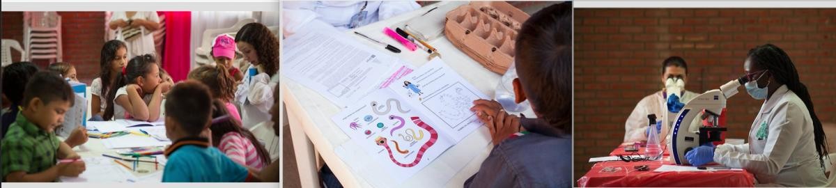 Three separate images. On the left children in a classroom, in the center a child studying and on the left a female using a microscope