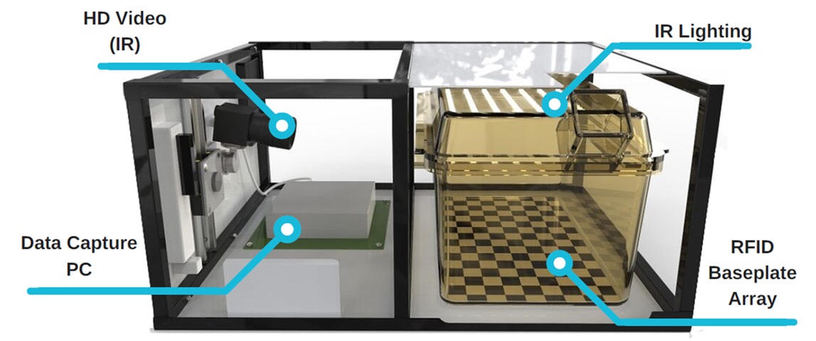 The Home Cage Analyser system consisting of a home cage with a HD video pointing at the home cage. It also has IR lightning on top of the cage and a RFID baseplate array within the the cage