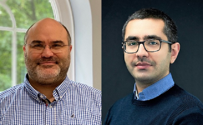 Headshots of Professor Frangi wearing a blue and white checked shirt, and Dr Sarrami-Faroushani wearing a blue shirt, dark blue jumper and glasses.