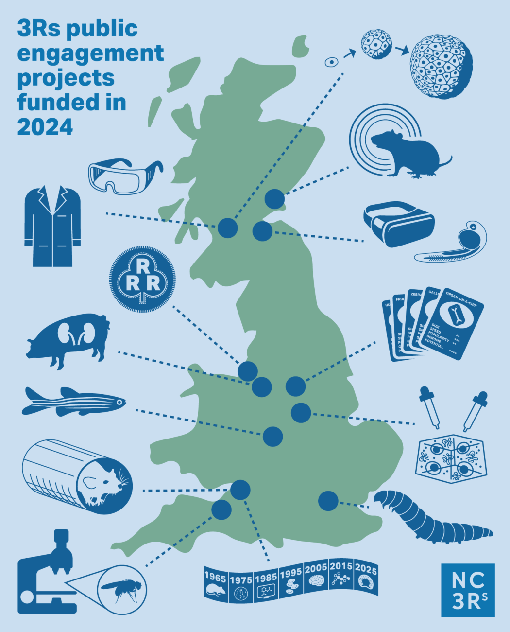 Public engagement projects funded in 2024. An outline of the UK with locations of events highlighted.