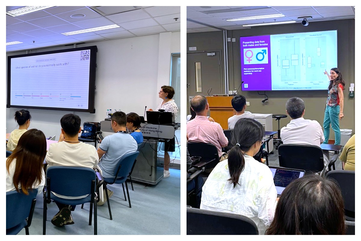 Drs Esther Pearl and Nathalie Percie du Sert in classrooms, teaching in Hong Kong