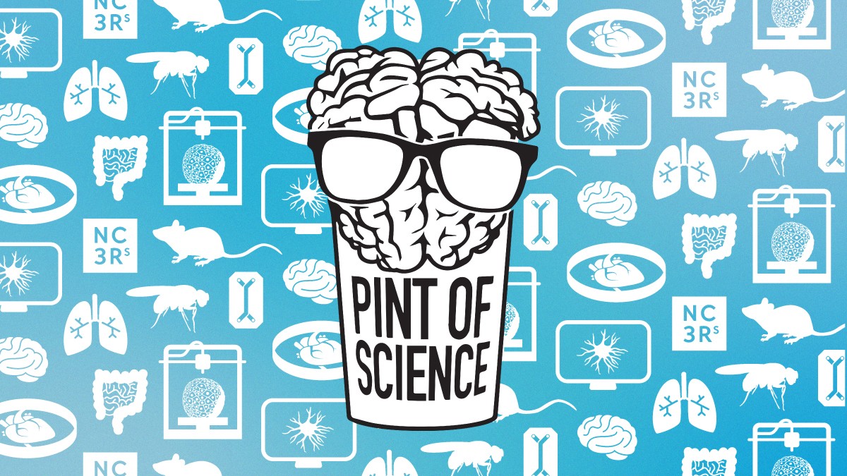 The Pint of Science logo on a background of icons representing replacement approaches.