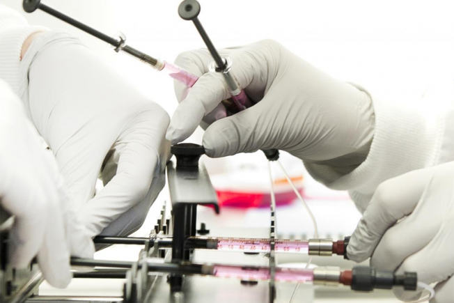 Syringe pumps with coloured liquid being attached to an organ chip