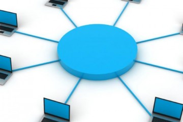 A blue circle surrounded by laptops in relation to sharing