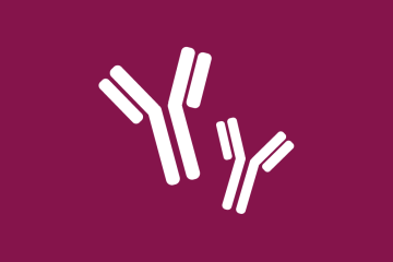 A white icon of antibodies on a red background