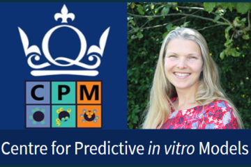 Portrait of Professor Hazel Screen next to her lab group's logo - Centre for Predictive in vitro Models