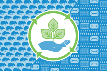 Graphic showing mice vs. in vitro science icons with sustainability shown as a plant growing in a hand