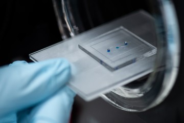 An organ-on-a-chip device being placed into the chamber of a machine